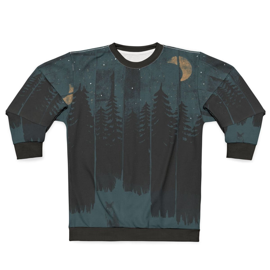 Cozy night fox sweatshirt with forest and moon design