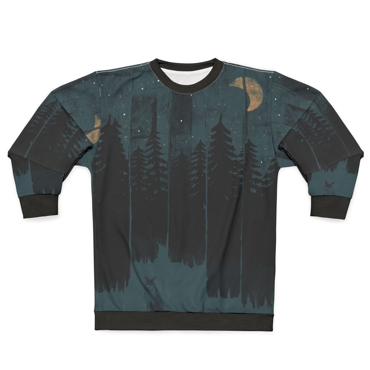 Cozy night fox sweatshirt with forest and moon design