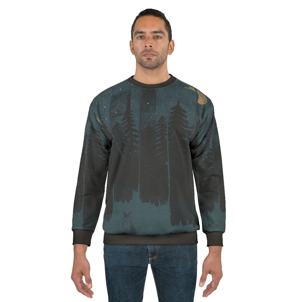 Cozy night fox sweatshirt with forest and moon design