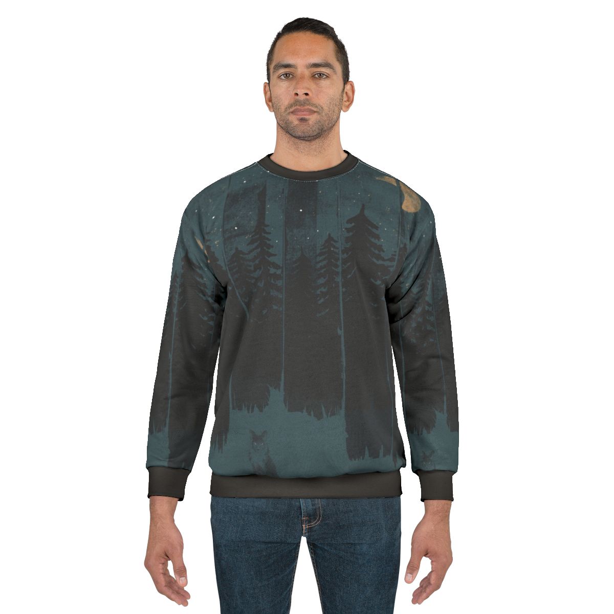 Cozy night fox sweatshirt with forest and moon design