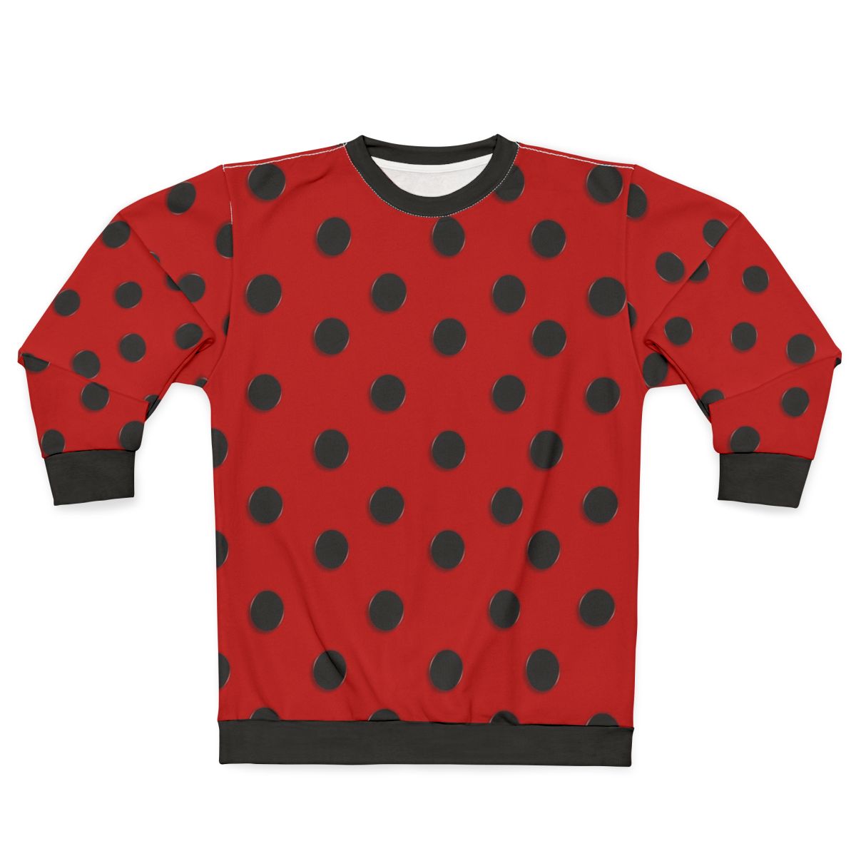 A model wearing a cozy ladybug-themed sweatshirt