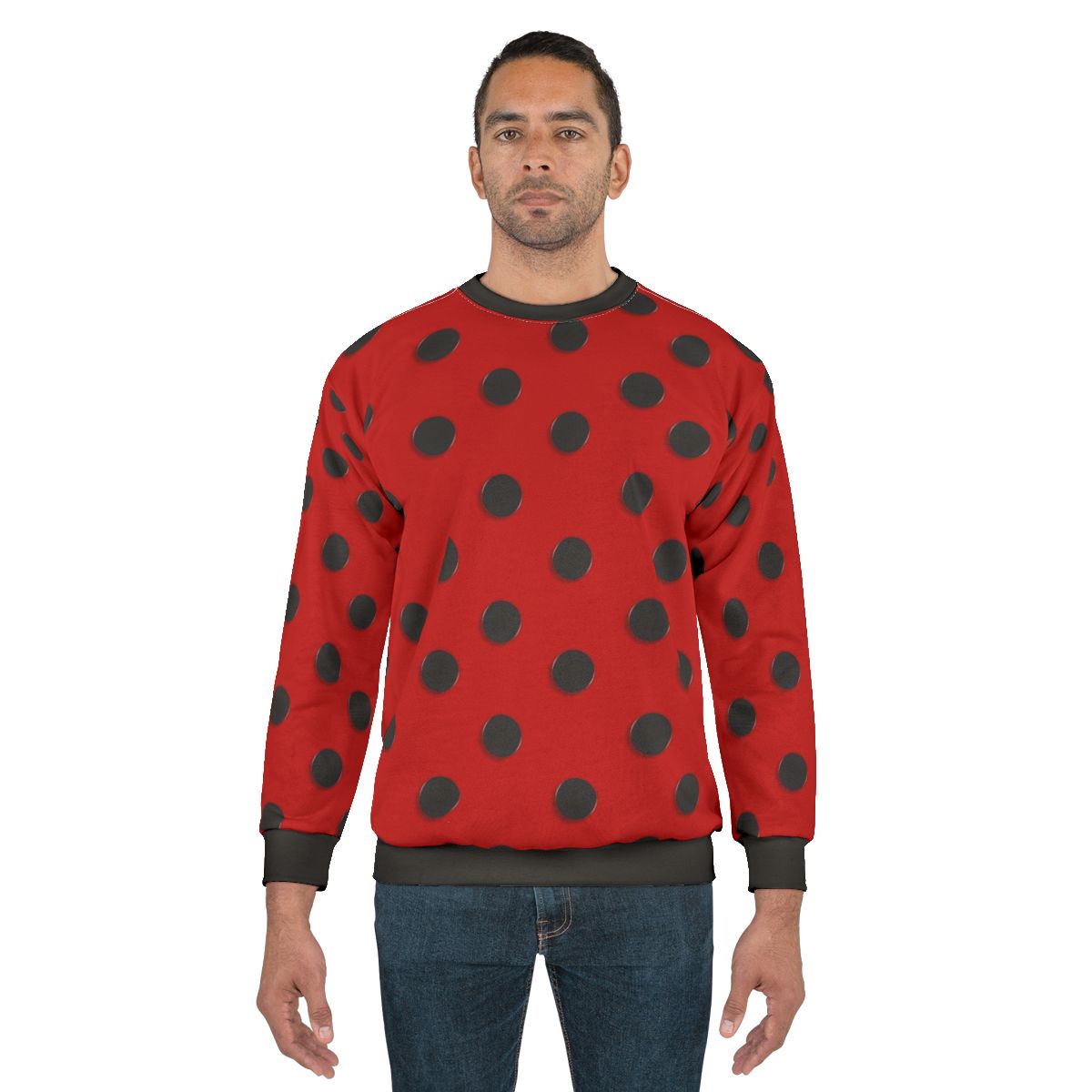 A model wearing a cozy ladybug-themed sweatshirt
