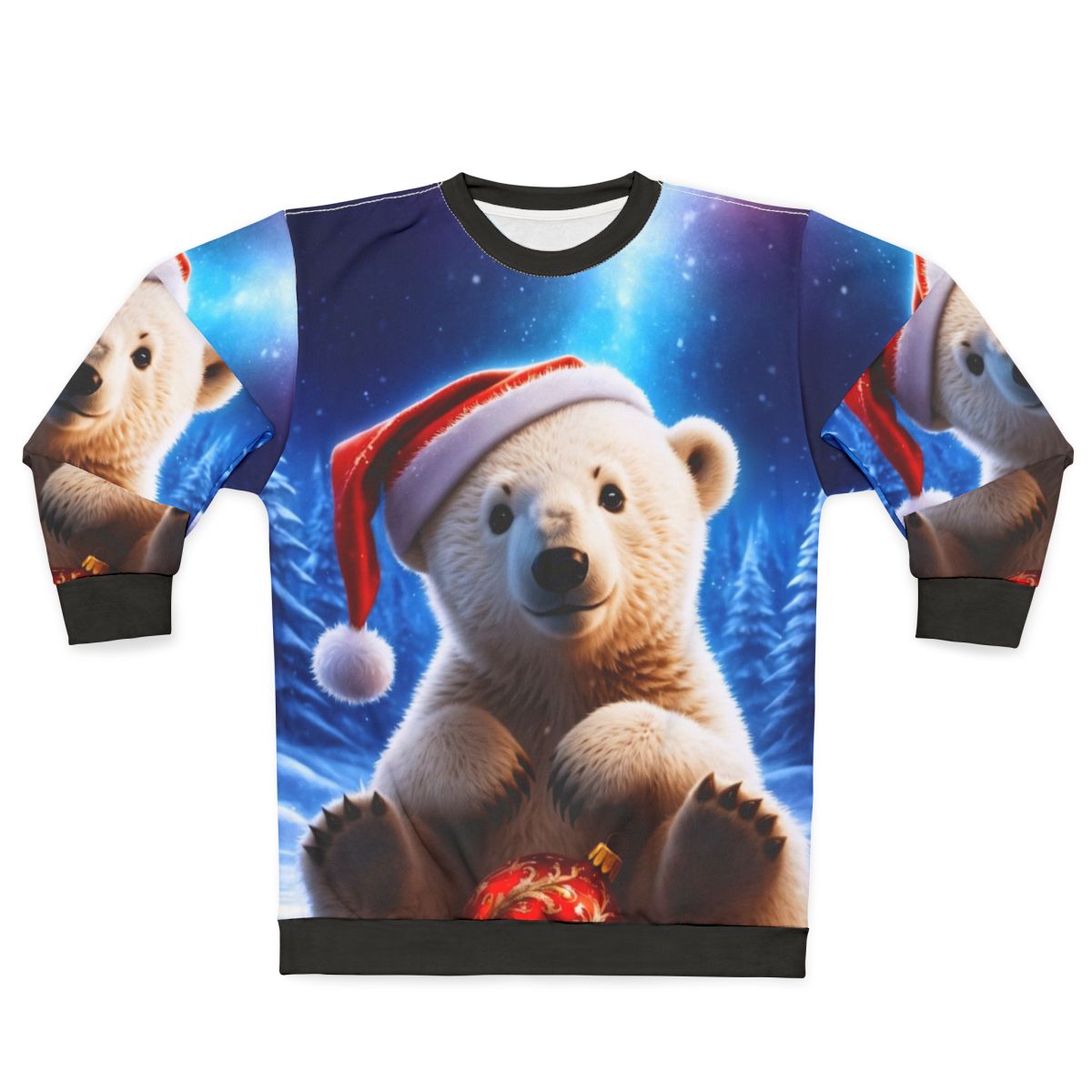 Polar bear cub in a winter wonderland wearing a cozy Christmas sweatshirt