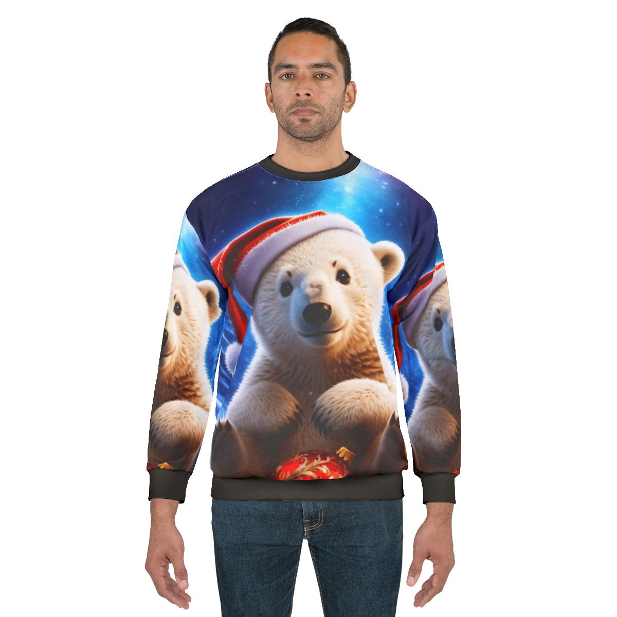 Polar bear cub in a winter wonderland wearing a cozy Christmas sweatshirt