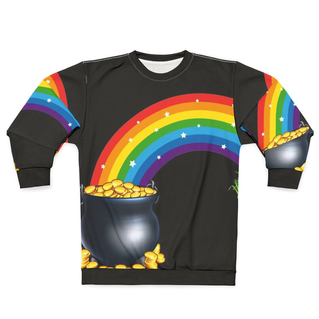 A cozy sweatshirt featuring the iconic pot of gold at the end of the rainbow, a symbol of Irish luck and prosperity.