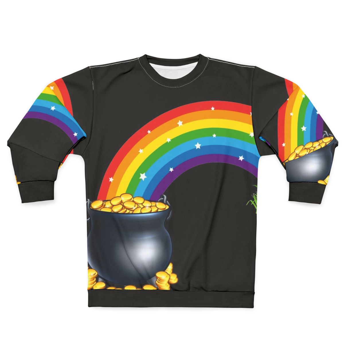 A cozy sweatshirt featuring the iconic pot of gold at the end of the rainbow, a symbol of Irish luck and prosperity.