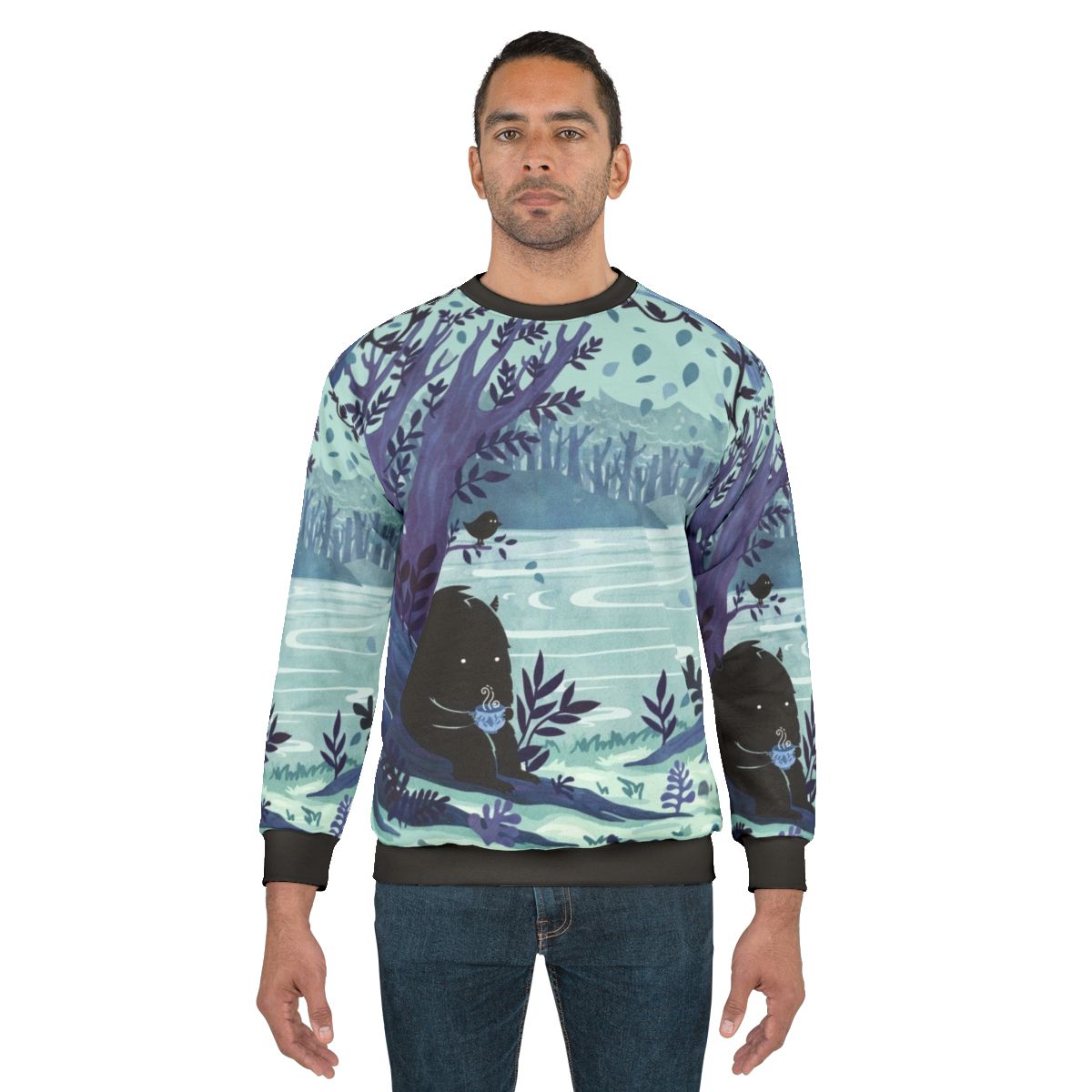 A cozy sweatshirt with a nature-inspired "A Quiet Spot of Tea" design