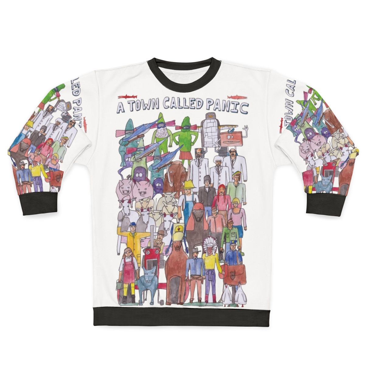 A Town Called Panic stop motion animation sweatshirt featuring the team illustration