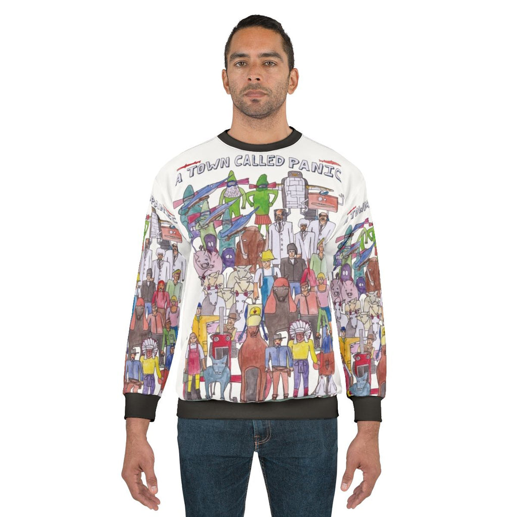 A Town Called Panic stop motion animation sweatshirt featuring the team illustration