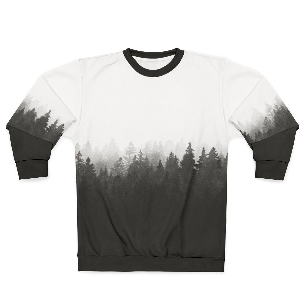 A person hiking in a foggy, forested landscape wearing a nature-inspired sweatshirt