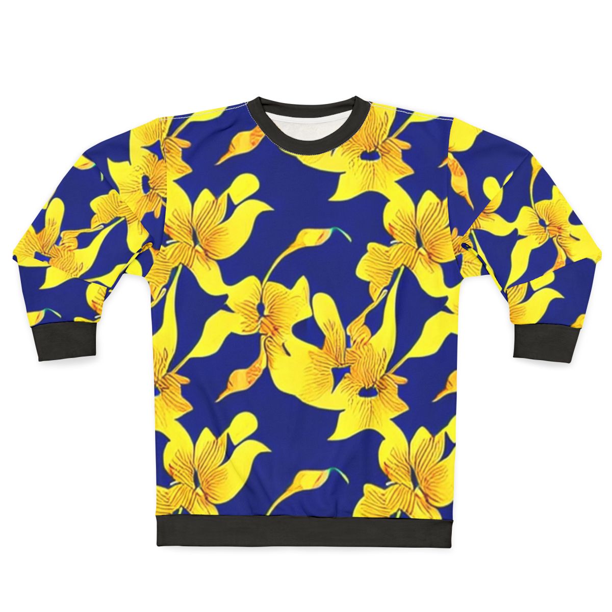 Abstract yellow floral pattern on blue sweatshirt