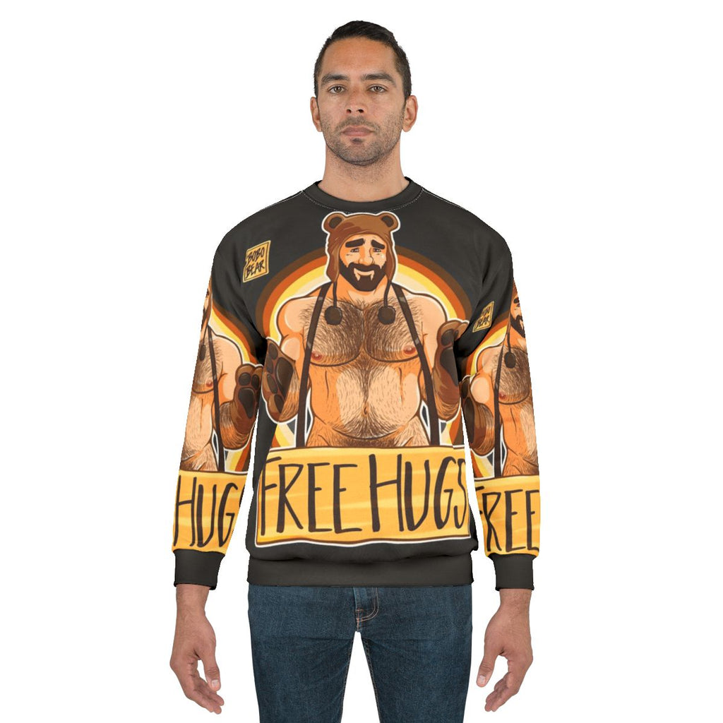 Adam Likes Hugs Bear Pride Sweatshirt, featuring a bear with rainbow colors
