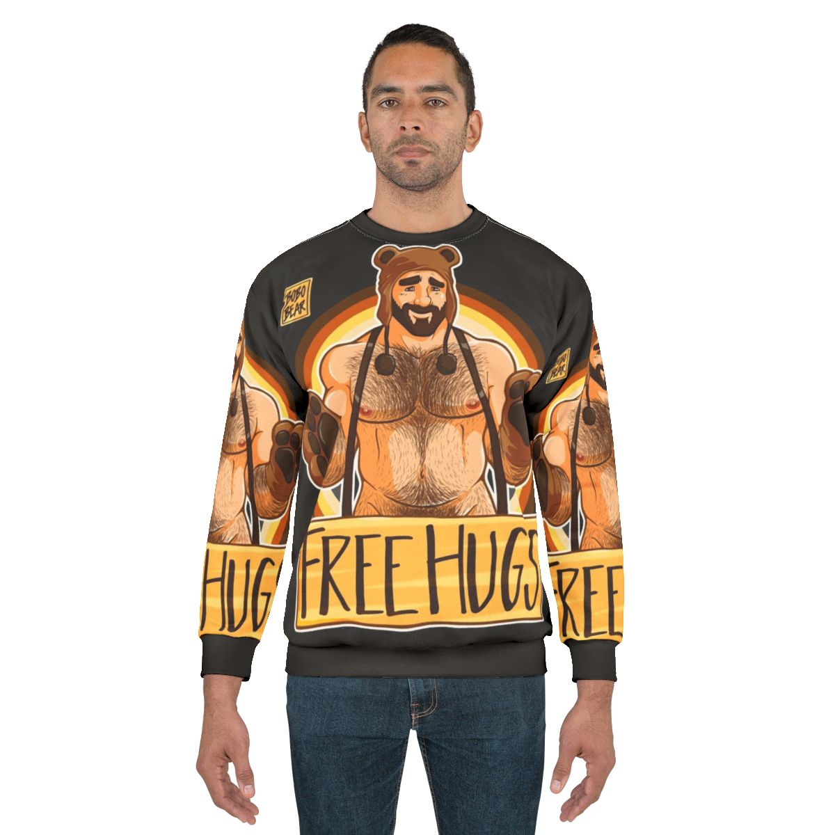 Adam Likes Hugs Bear Pride Sweatshirt, featuring a bear with rainbow colors