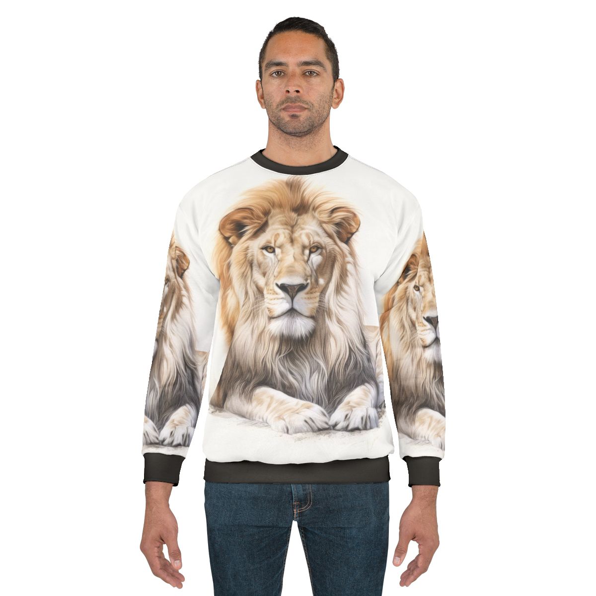 Majestic African male lion wearing a sweatshirt