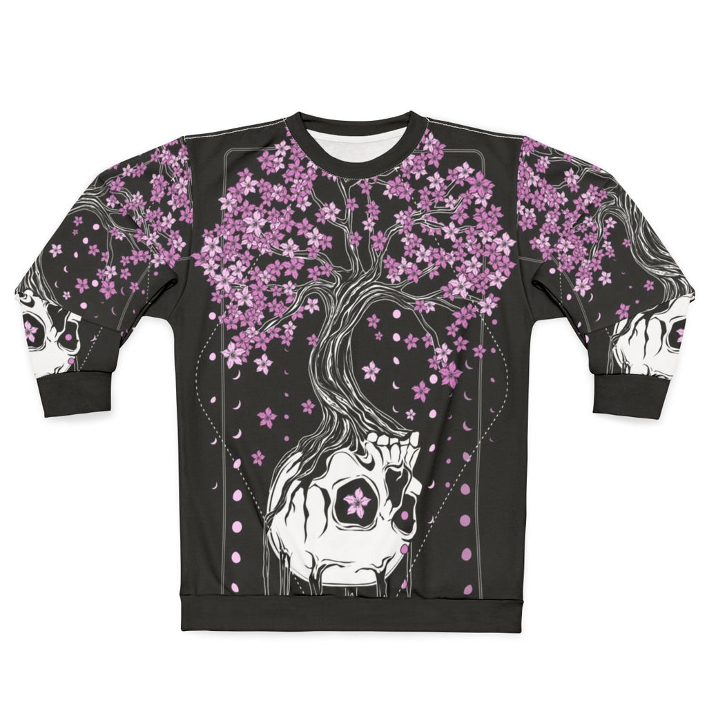 Afterlife Skull Sweatshirt with Cherry Blossom Floral Design