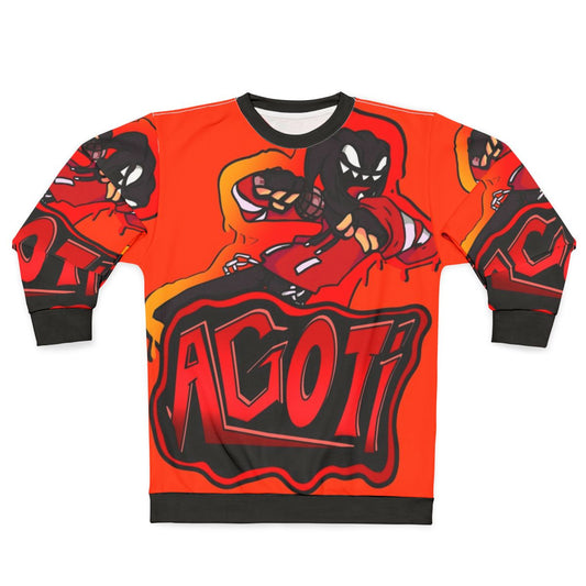 Agoti FNF mod character graffiti print on a cozy sweatshirt