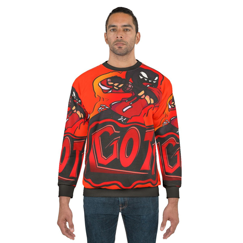 Agoti FNF mod character graffiti print on a cozy sweatshirt