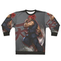Akuma inspired anime sweatshirt with focus on Japanese streetwear and fighting game character merchandise