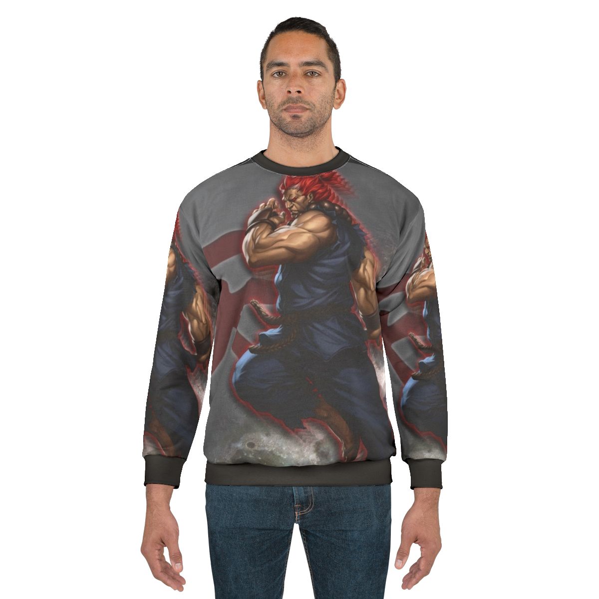 Akuma inspired anime sweatshirt with focus on Japanese streetwear and fighting game character merchandise