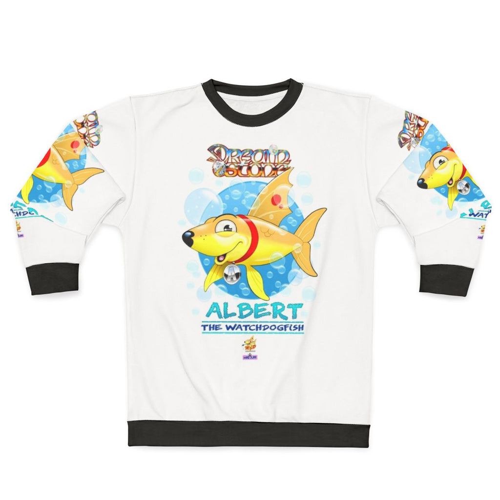 Adorable cartoon watchdog fish design on a colorful sweatshirt