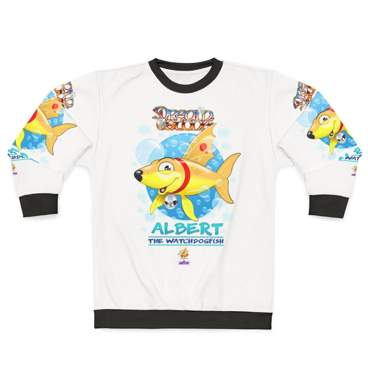 Adorable cartoon watchdog fish design on a colorful sweatshirt