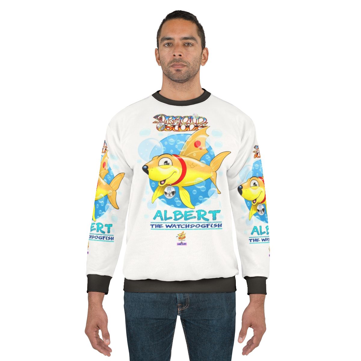Adorable cartoon watchdog fish design on a colorful sweatshirt