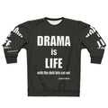 Alfred Hitchcock quote "Drama is life" printed on a navy blue sweatshirt