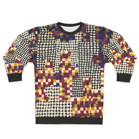 Colorful abstract sweatshirt featuring Alfred Jensen's family portrait artwork