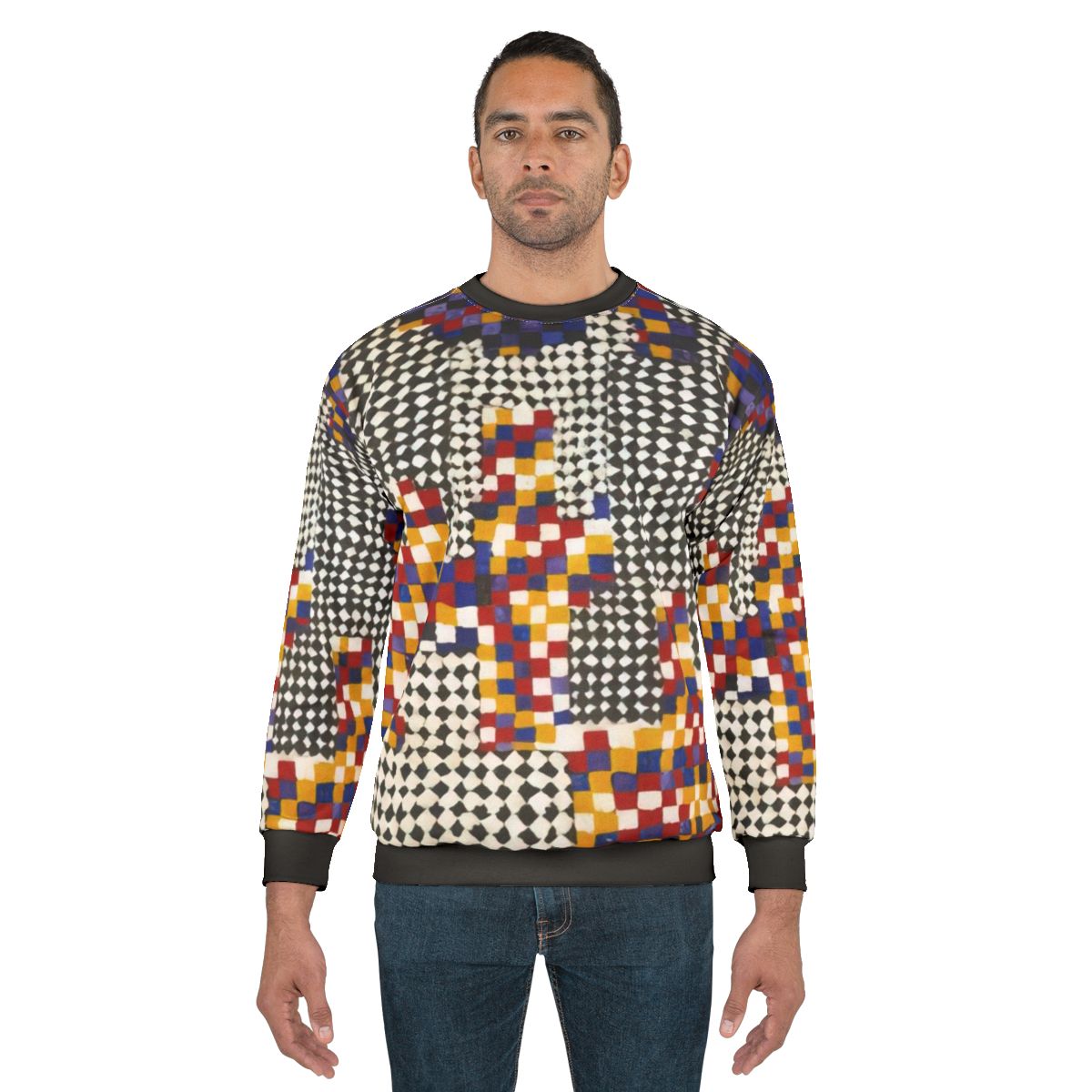 Colorful abstract sweatshirt featuring Alfred Jensen's family portrait artwork