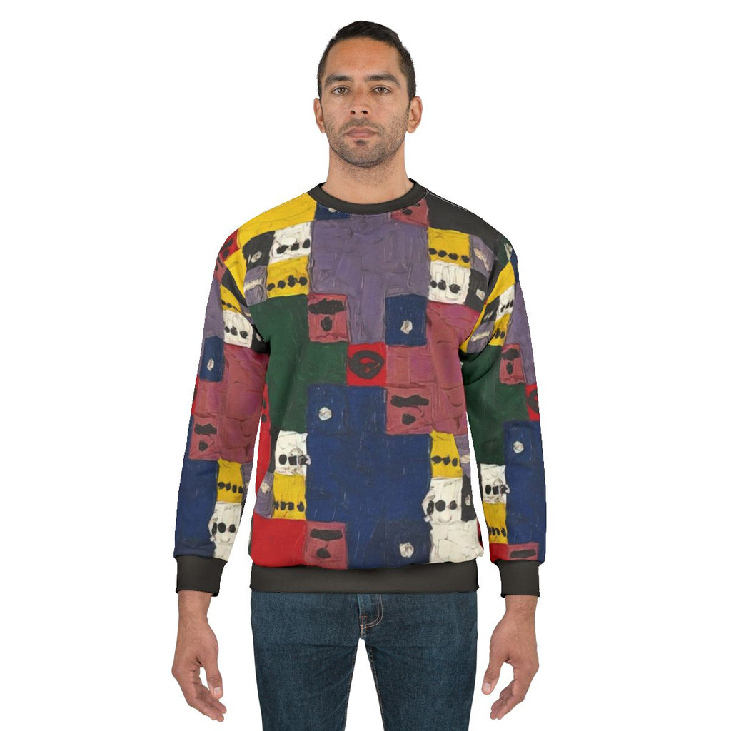 Alfred Jensen-inspired abstract sweatshirt with spiritual geometric patterns