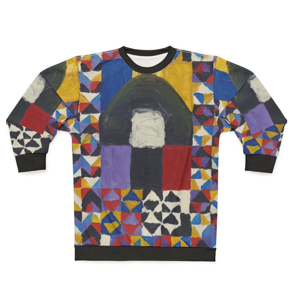 Sweatshirt with vibrant abstract art inspired by Alfred Jensen's geometric patterns and numerical symbolism