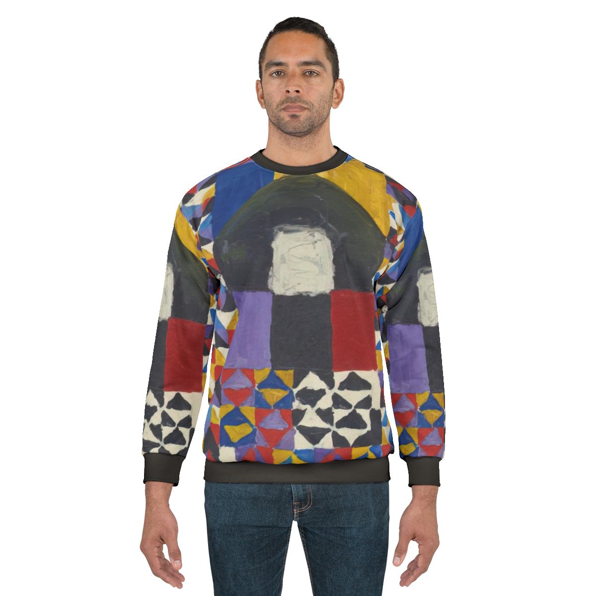 Sweatshirt with vibrant abstract art inspired by Alfred Jensen's geometric patterns and numerical symbolism