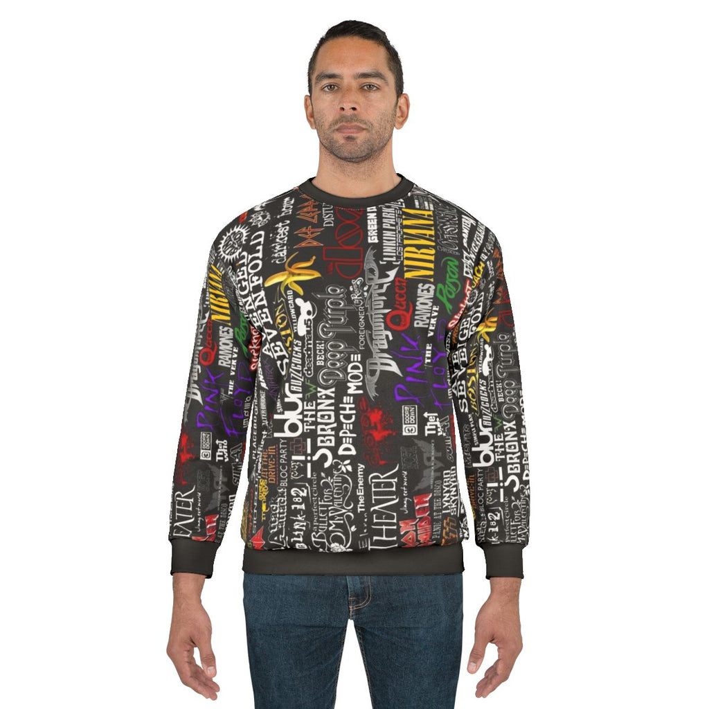 Retro music collage sweatshirt with vintage audio graphic design