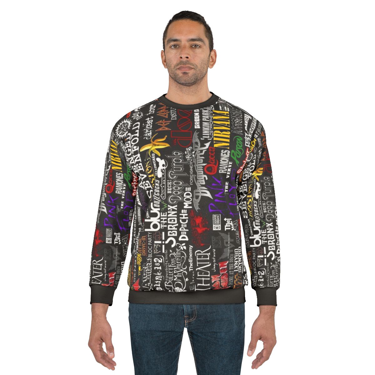 Retro music collage sweatshirt with vintage audio graphic design