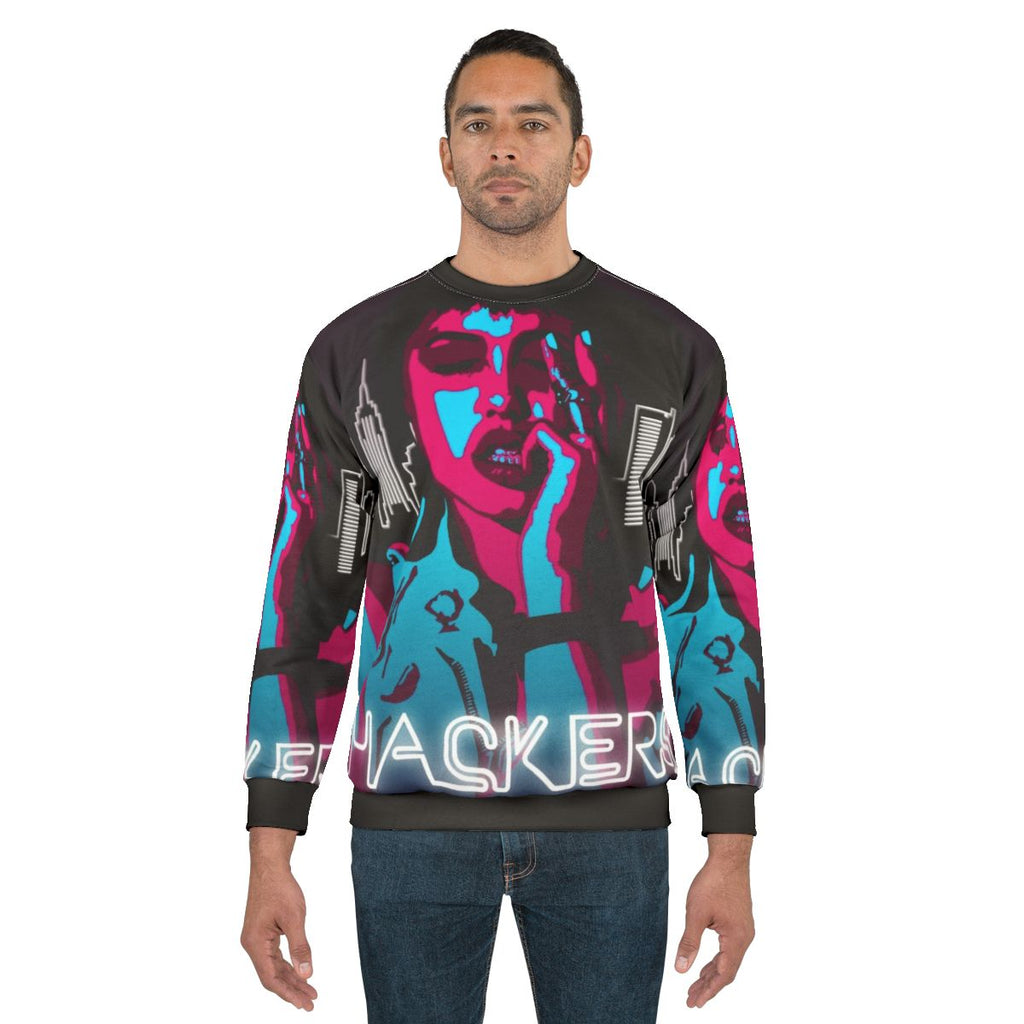Angelina Jolie inspired 90s hacker neon and fluorescent sweatshirt