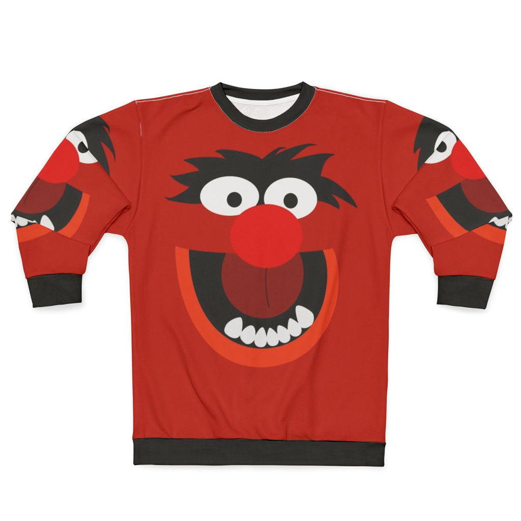 Colorful animal sweatshirt with muppets inspired cartoon creature design