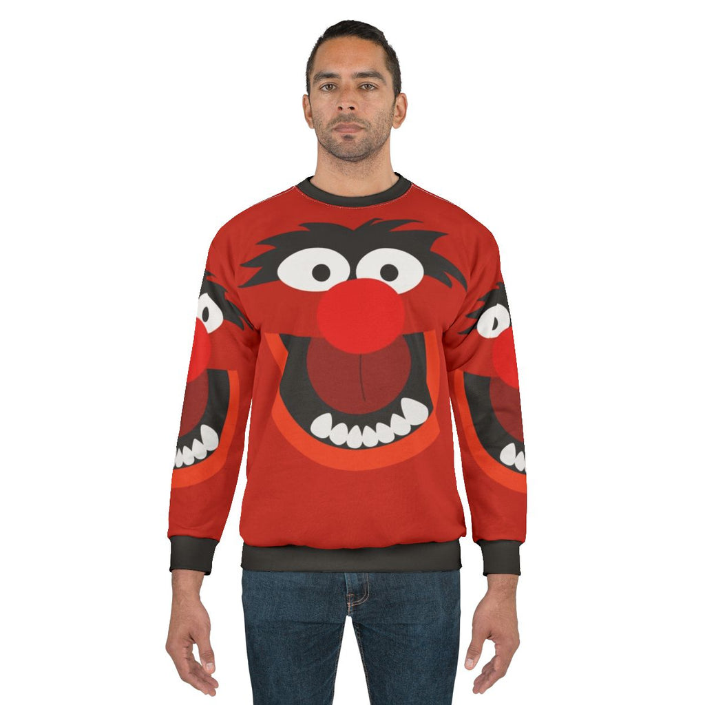 Colorful animal sweatshirt with muppets inspired cartoon creature design