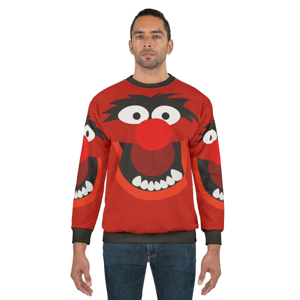Colorful animal sweatshirt with muppets inspired cartoon creature design