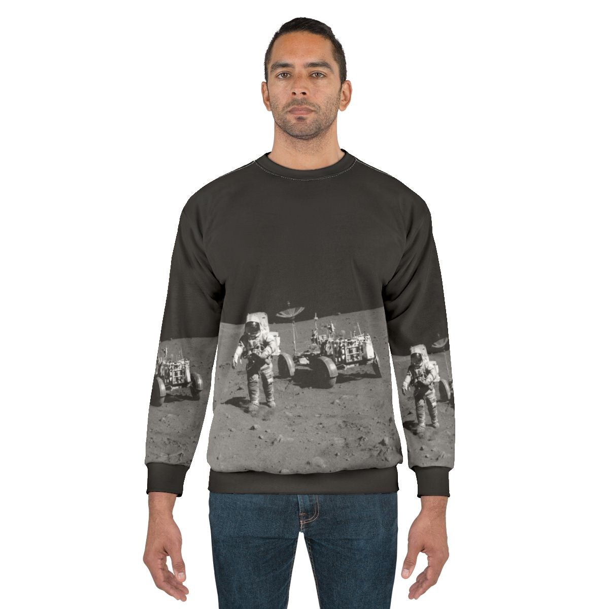 Apollo 15 astronaut sweatshirt with moon surface design