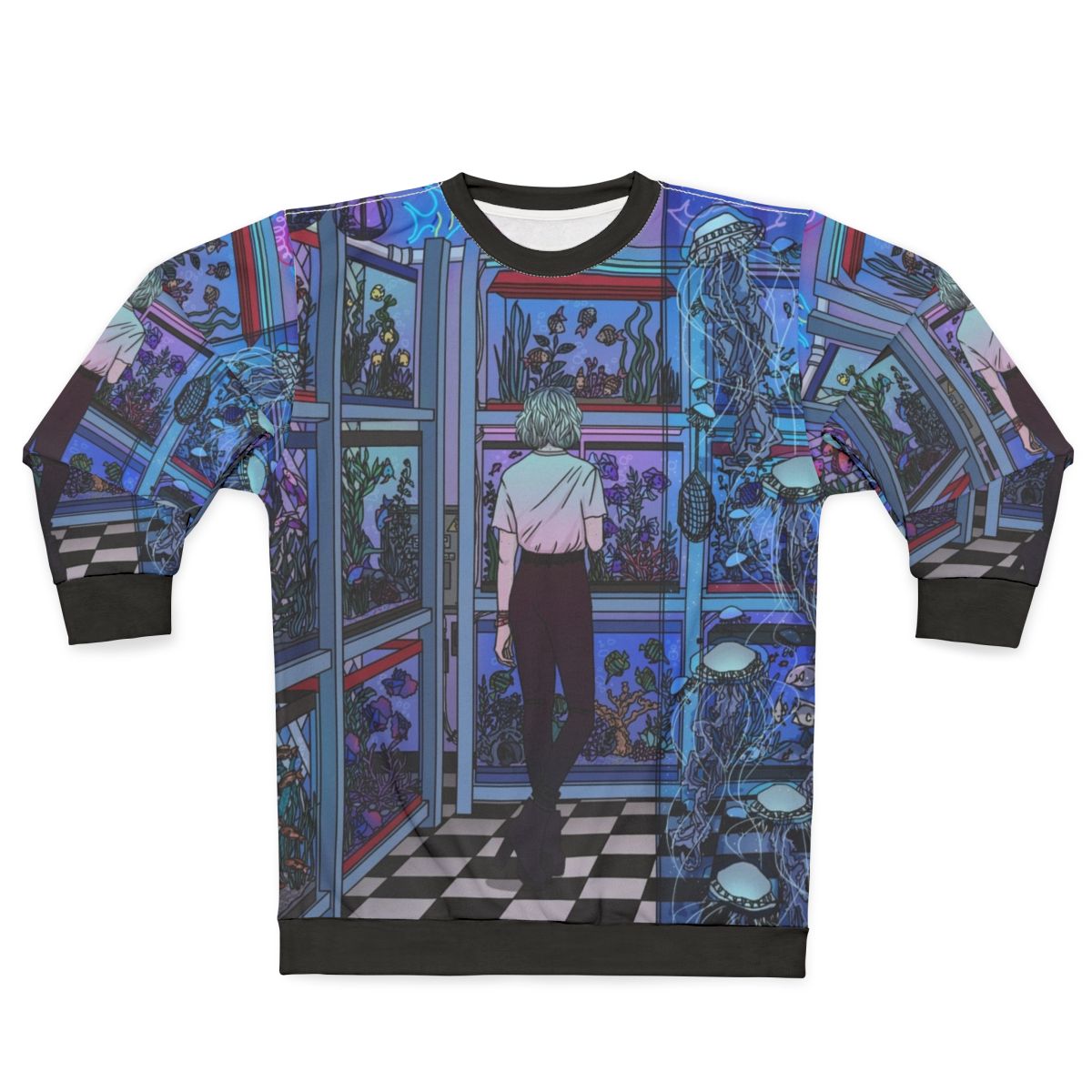 Aquarium-themed sweatshirt with neon fish and jellyfish design