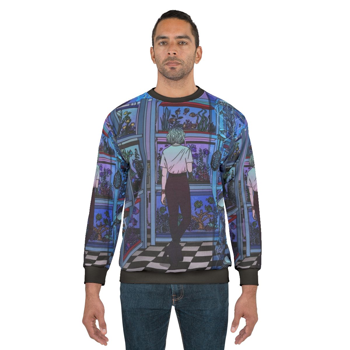 Aquarium-themed sweatshirt with neon fish and jellyfish design