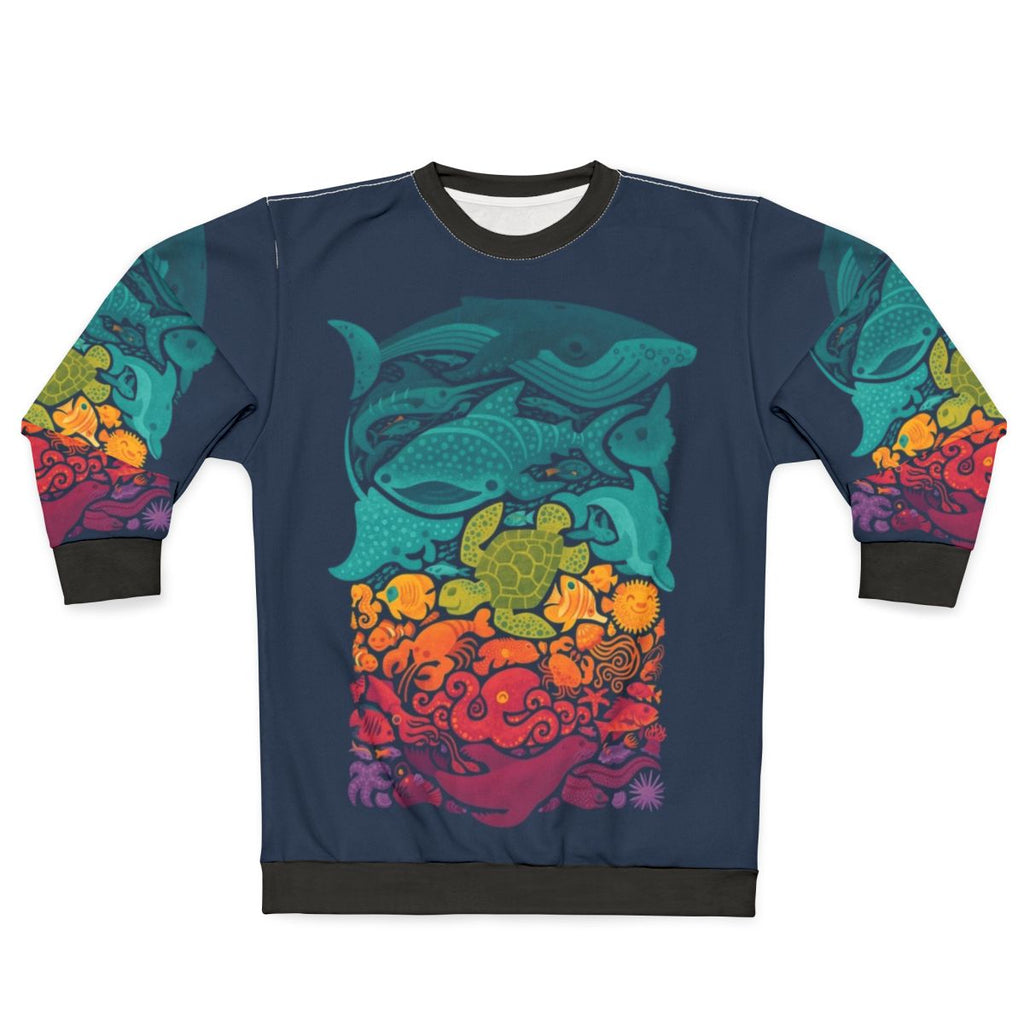 Colorful aquatic spectrum sweatshirt with underwater sea life design