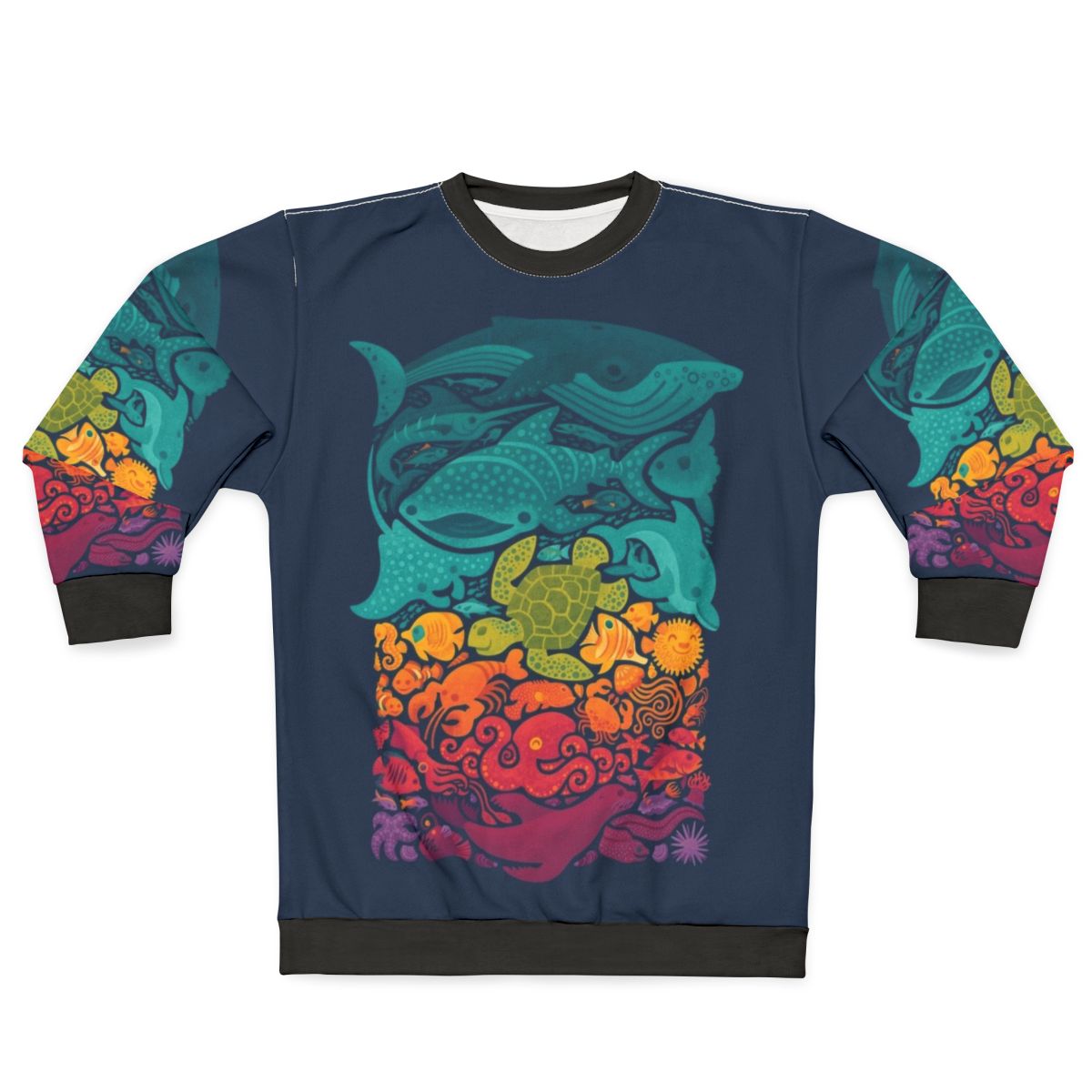 Colorful aquatic spectrum sweatshirt with underwater sea life design