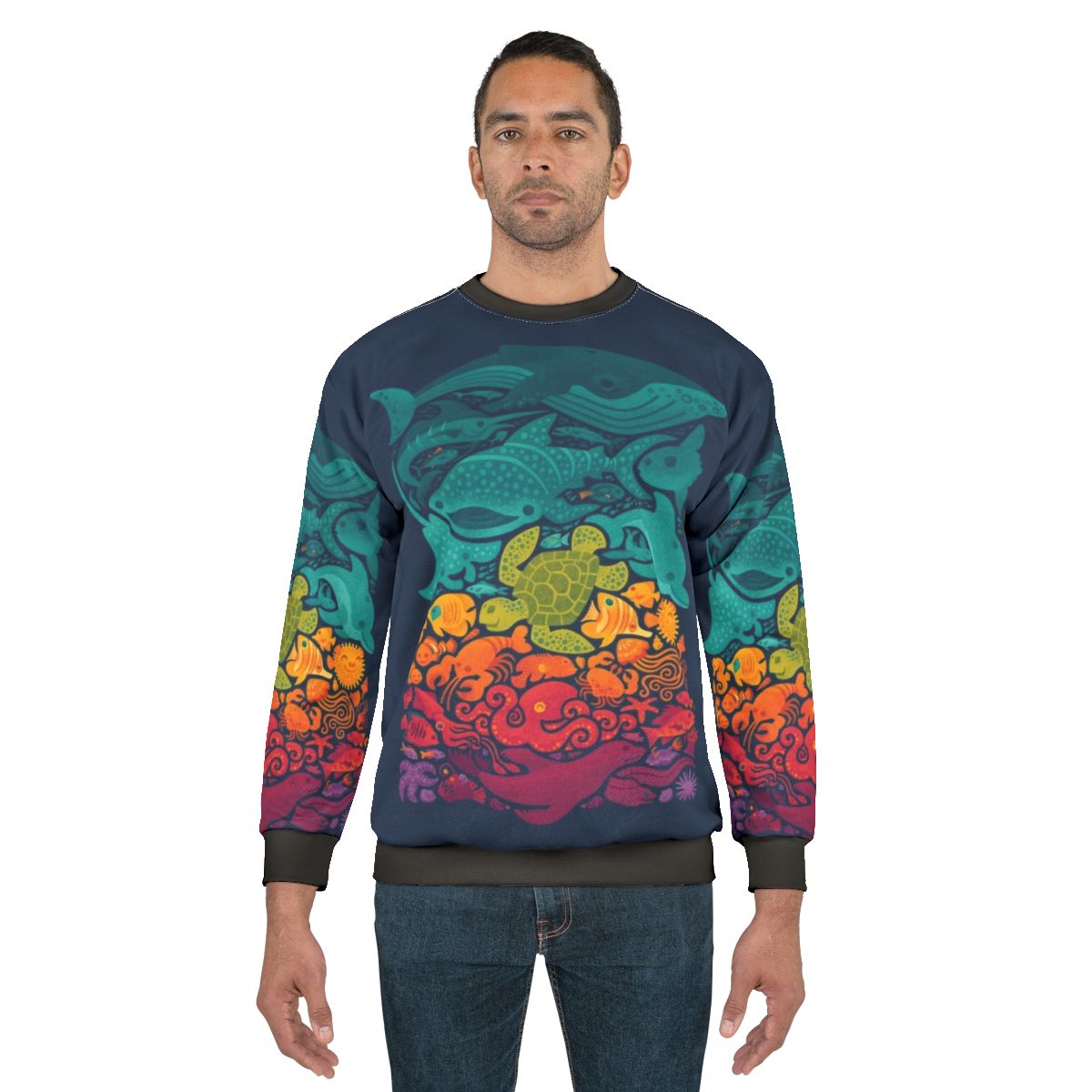 Colorful aquatic spectrum sweatshirt with underwater sea life design