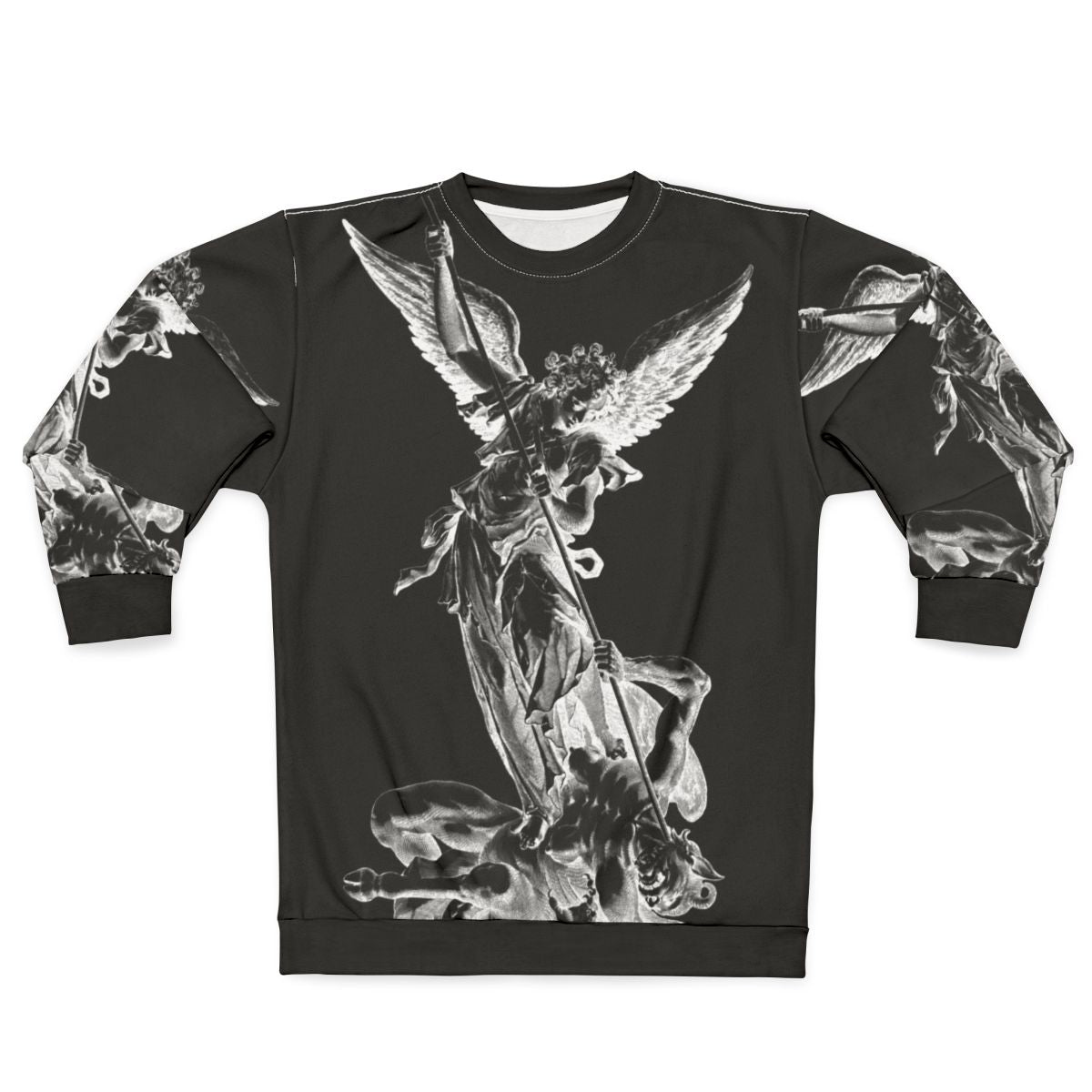 Archangel Michael defeating the devil on a religious sweatshirt