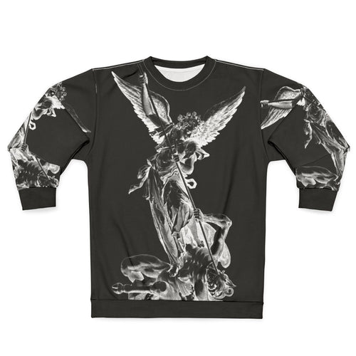 Archangel Michael defeating the devil on a religious sweatshirt