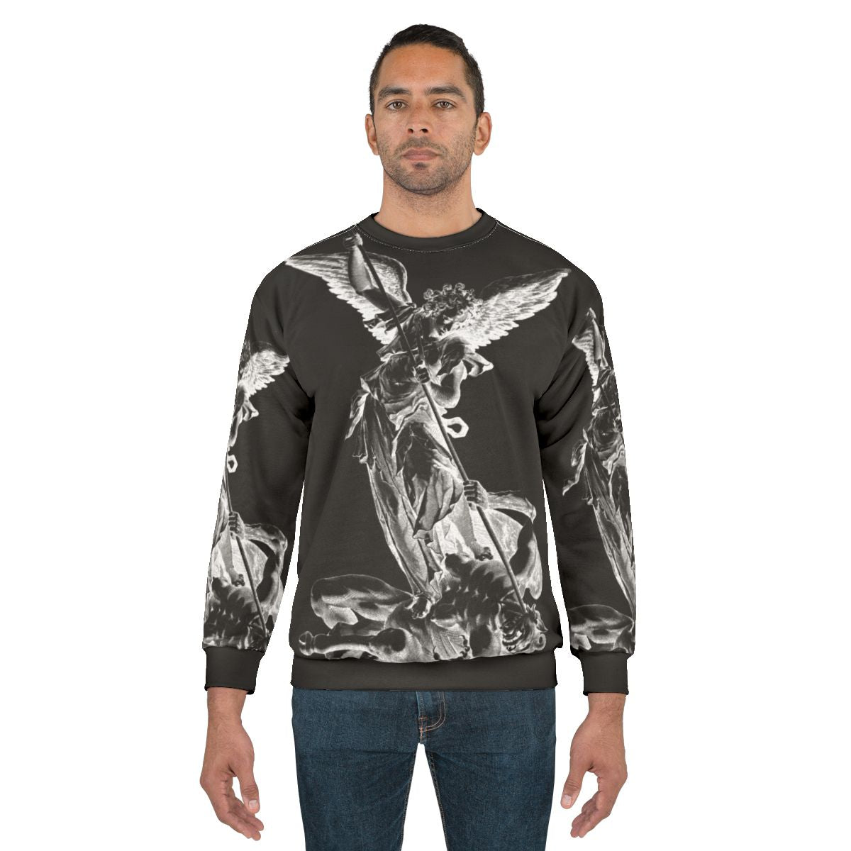Archangel Michael defeating the devil on a religious sweatshirt