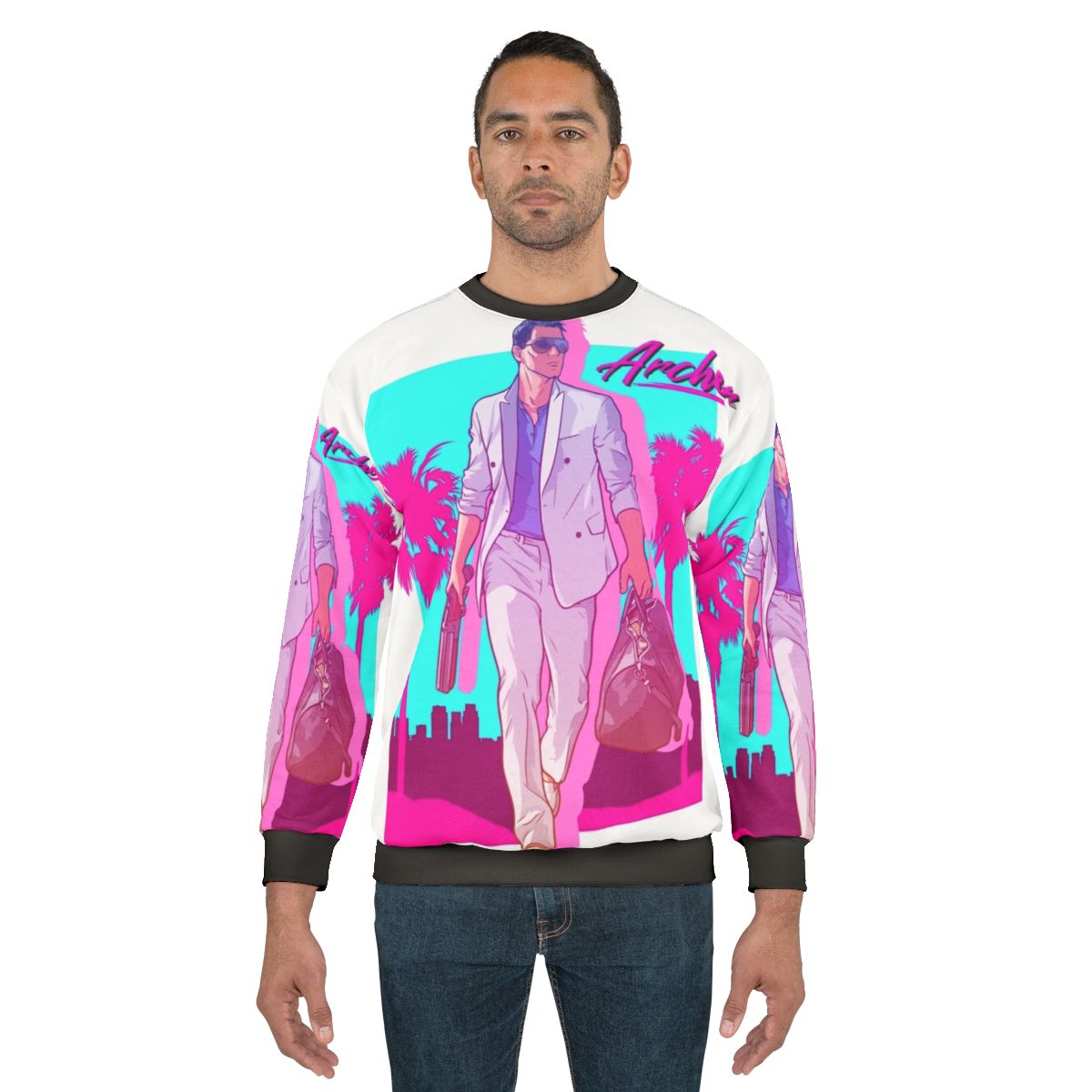 Archer Vice Palm 80s Sweatshirt featuring retro synthwave vaporwave design