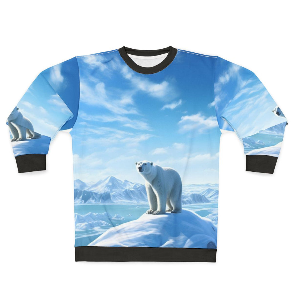 Polar bear in an arctic landscape printed on a gray sweatshirt