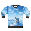 Polar bear in an arctic landscape printed on a gray sweatshirt